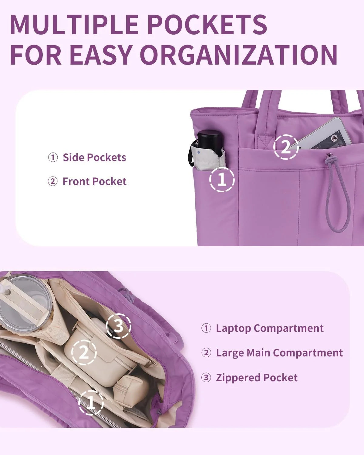 Tote Bag | Quilted Puffer & Tumbler Pocket | Fits 15.6" Laptop