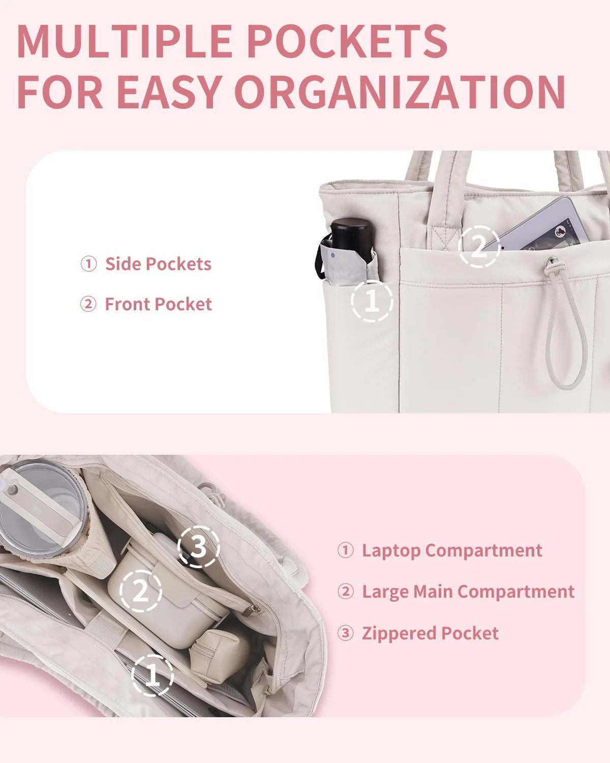 Tote Bag | Quilted Puffer & Tumbler Pocket | Fits 15.6" Laptop