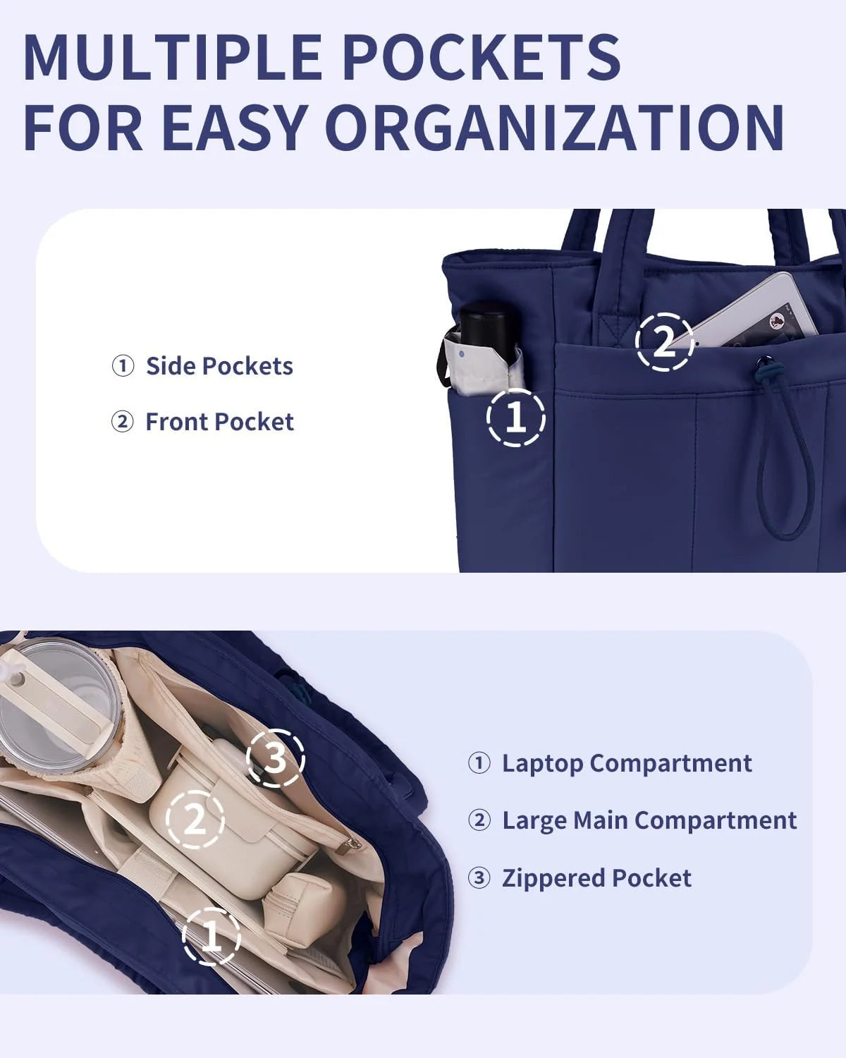 Tote Bag | Quilted Puffer & Tumbler Pocket | Fits 15.6" Laptop