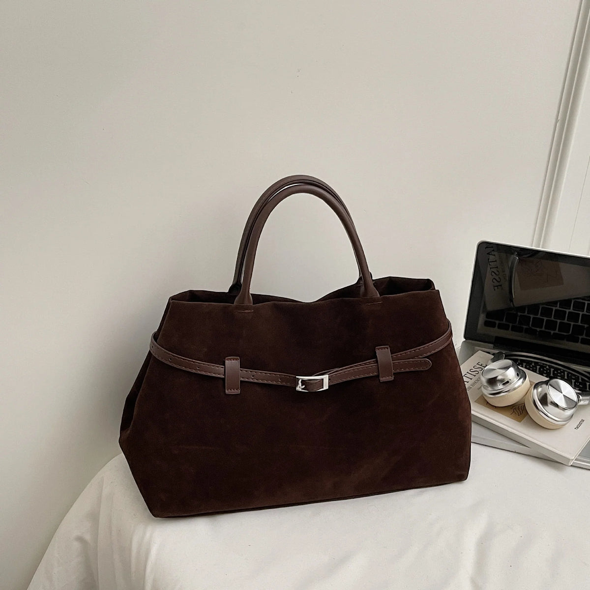 Tote Bag | Suede Exterior & Leather Handles