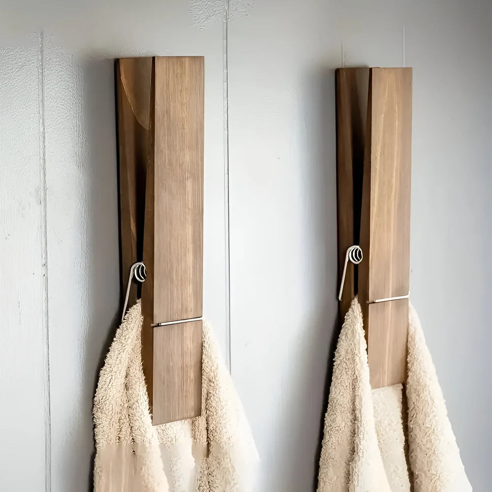 Towel Holder | Solid Wood & Stainless Steel Clamp | Space-Saving Wall-Mounted
