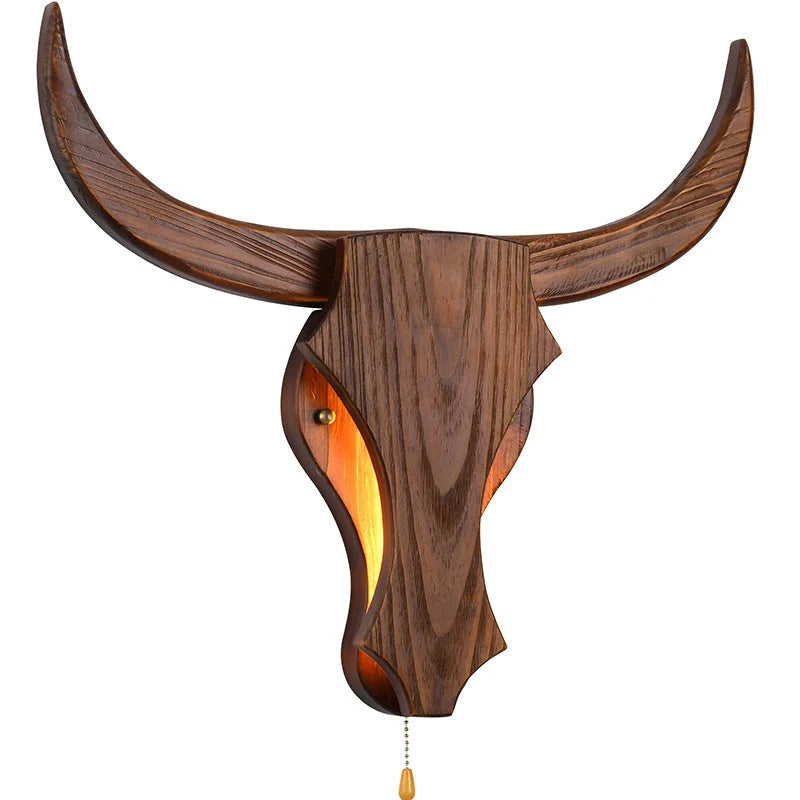 Traditional Rustic Solid Wood Cow Head LED Wall Lamp for Hallway