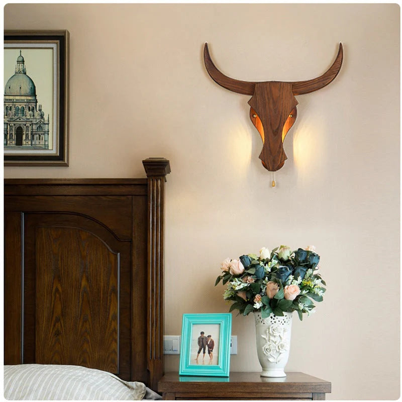 Traditional Rustic Solid Wood Cow Head LED Wall Lamp for Hallway