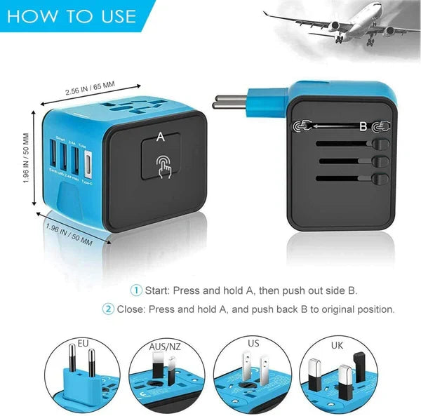 Travel Adapter | Universal Plug Compatibility & 4 USB Ports | 150+ Countries
