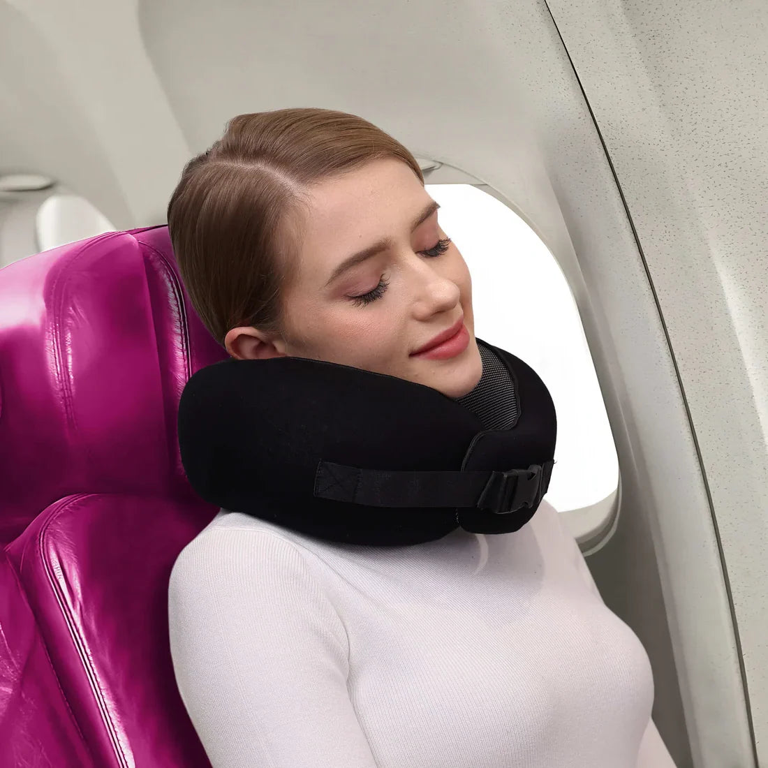 Travel Neck Pillow | Ergonomic Contoured Support & Snap Closure | Includes Sleep Mask & Earplugs