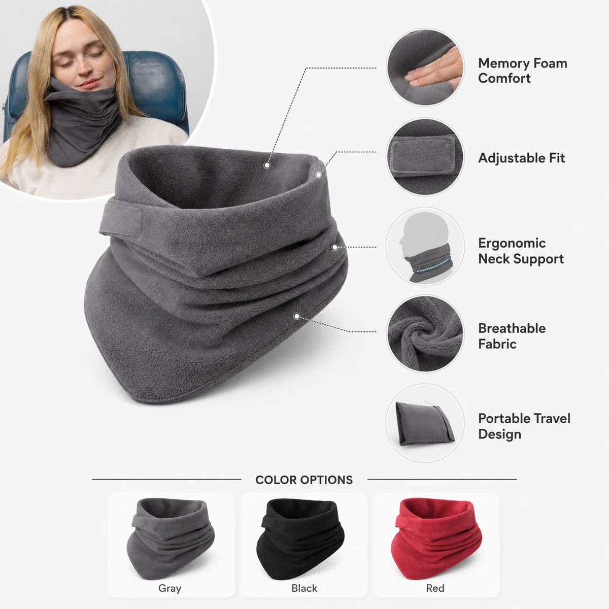 Travel Neck Pillow | Ergonomic Memory Foam & Adjustable Fit