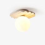 Ceiling Light | Hand-Carved Travertine Wave Plate | Opal Glass Globe, 20 cm