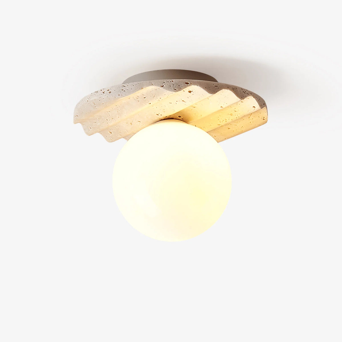 Ceiling Light | Hand-Carved Travertine Wave Plate | Opal Glass Globe, 20 cm