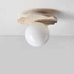 Ceiling Light | Hand-Carved Travertine Wave Plate | Opal Glass Globe, 20 cm