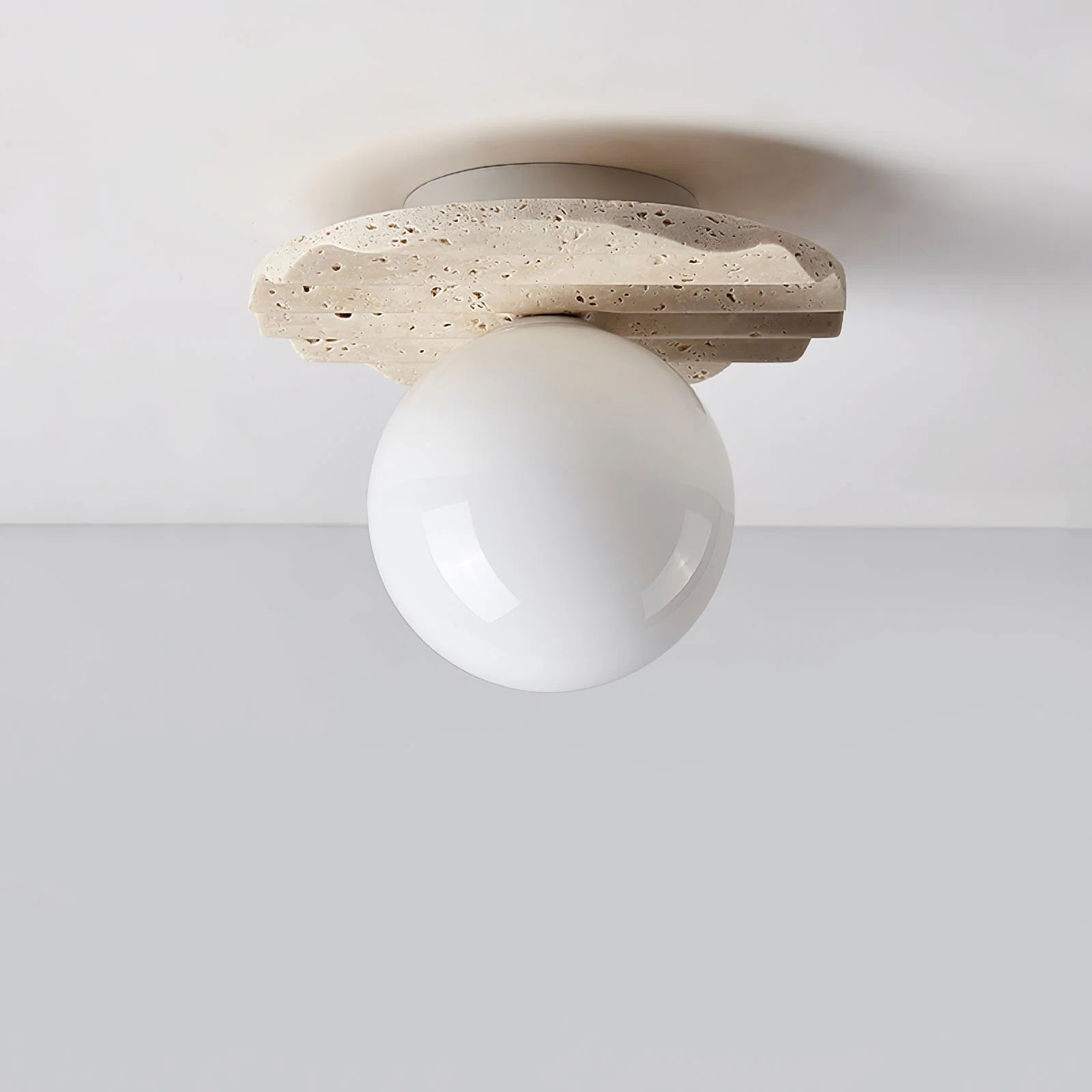 Ceiling Light | Hand-Carved Travertine Wave Plate | Opal Glass Globe, 20 cm