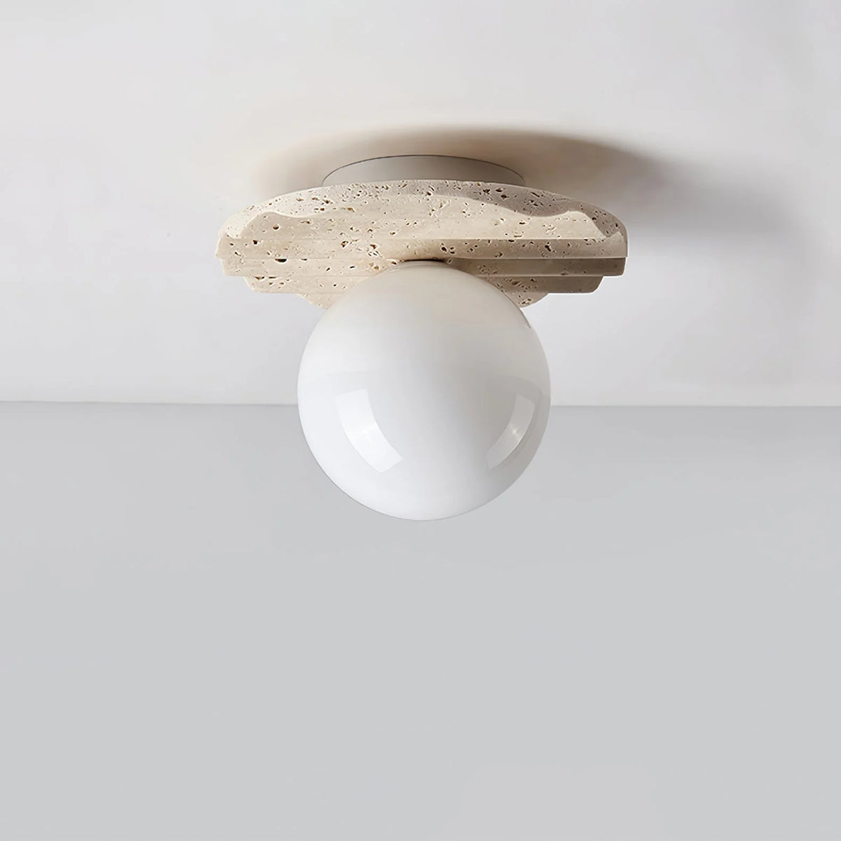 Ceiling Light | Hand-Carved Travertine Wave Plate | Opal Glass Globe, 20 cm