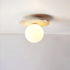 Ceiling Light | Hand-Carved Travertine Wave Plate | Opal Glass Globe, 20 cm