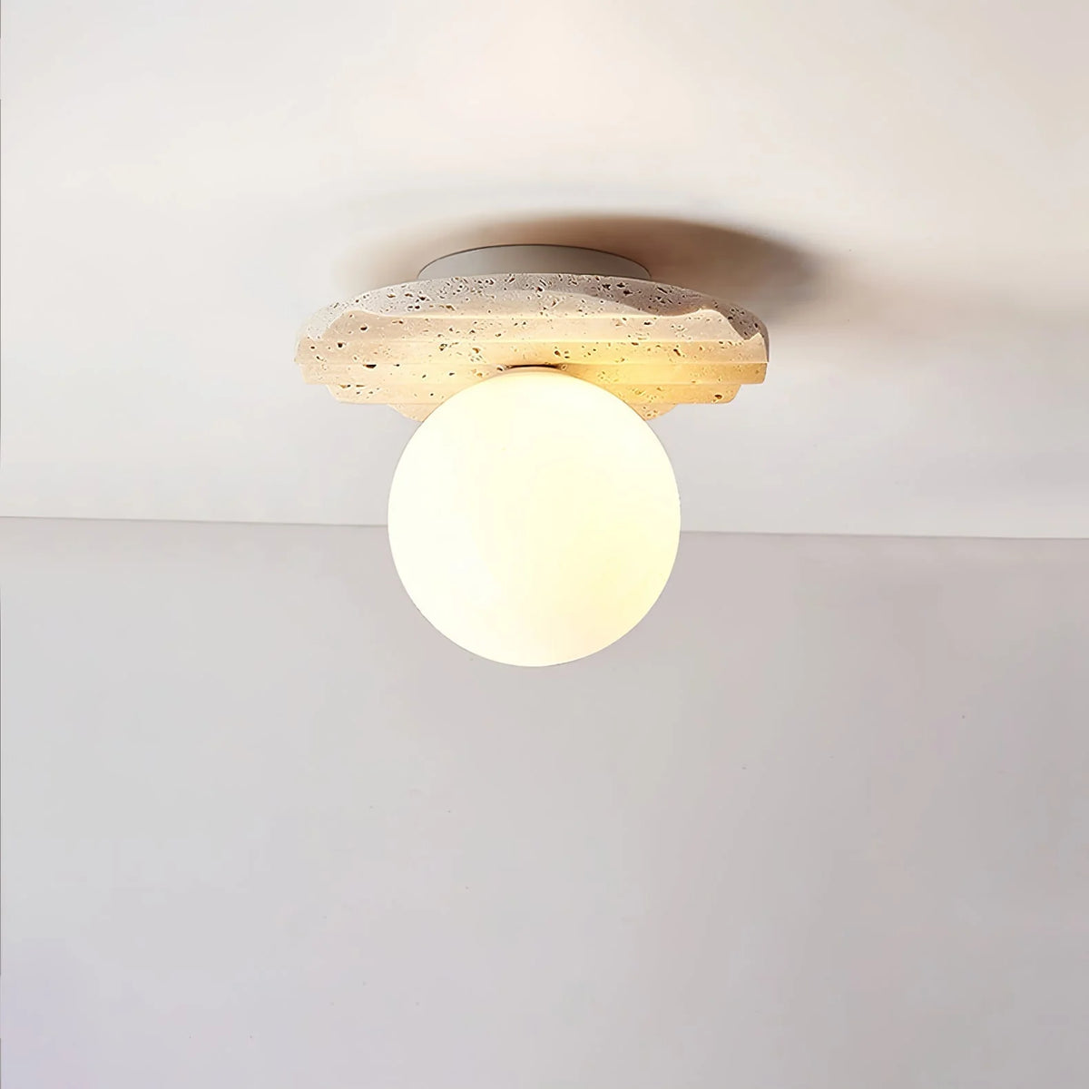 Ceiling Light | Hand-Carved Travertine Wave Plate | Opal Glass Globe, 20 cm