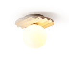Ceiling Light | Hand-Carved Travertine Wave Plate | Opal Glass Globe, 20 cm