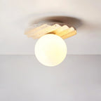Ceiling Light | Hand-Carved Travertine Wave Plate | Opal Glass Globe, 20 cm