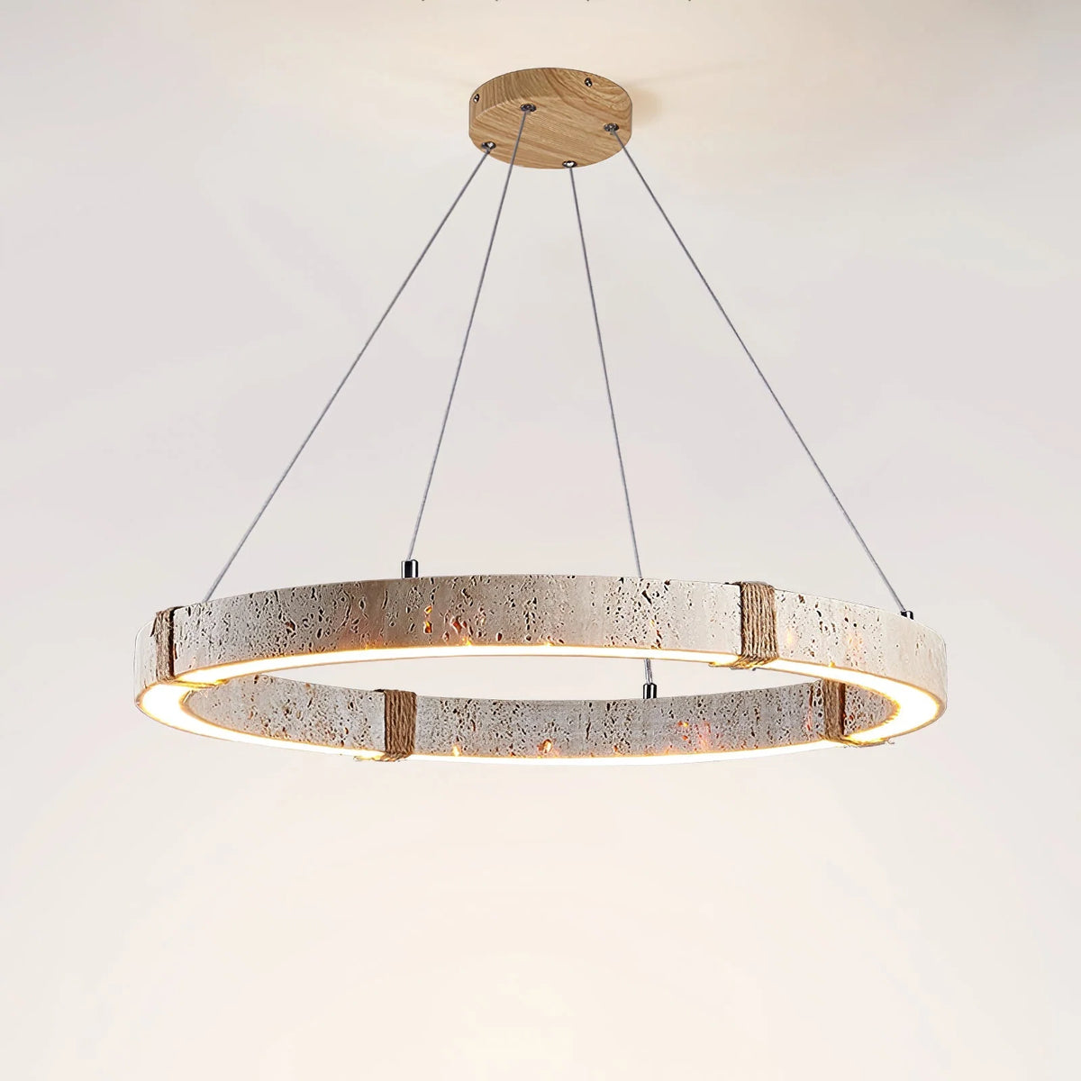 Pendant Light | Minimalist Travertine Ring | Wood Accents & Integrated LED