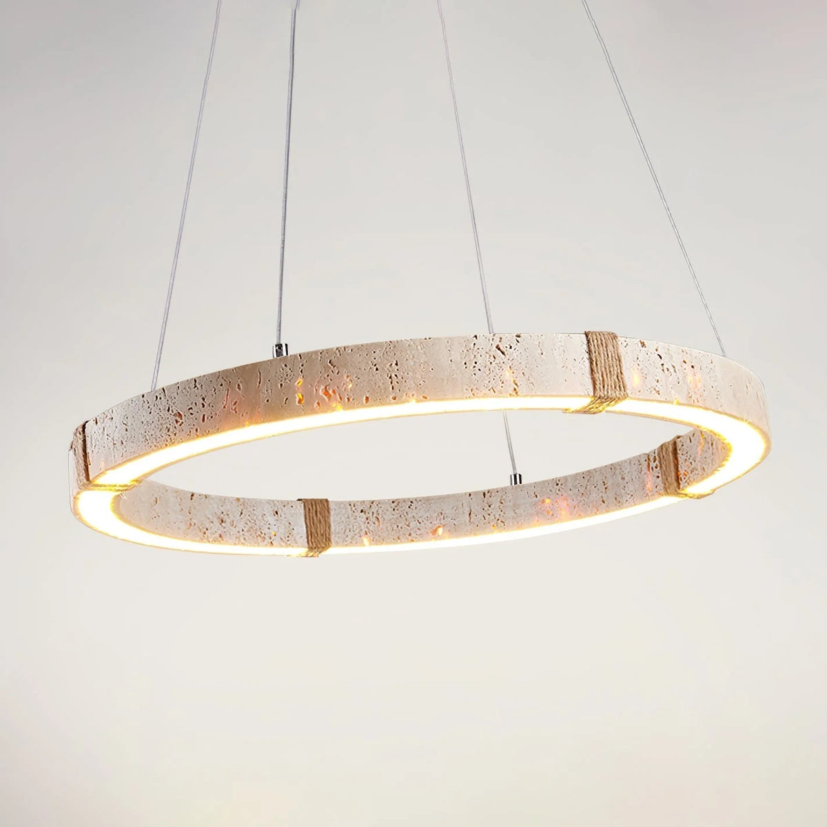 Pendant Light | Minimalist Travertine Ring | Wood Accents & Integrated LED