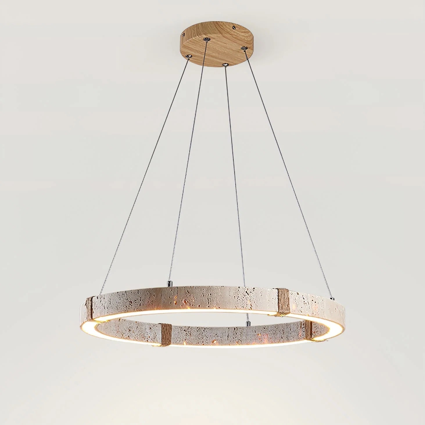 Pendant Light | Minimalist Travertine Ring | Wood Accents & Integrated LED