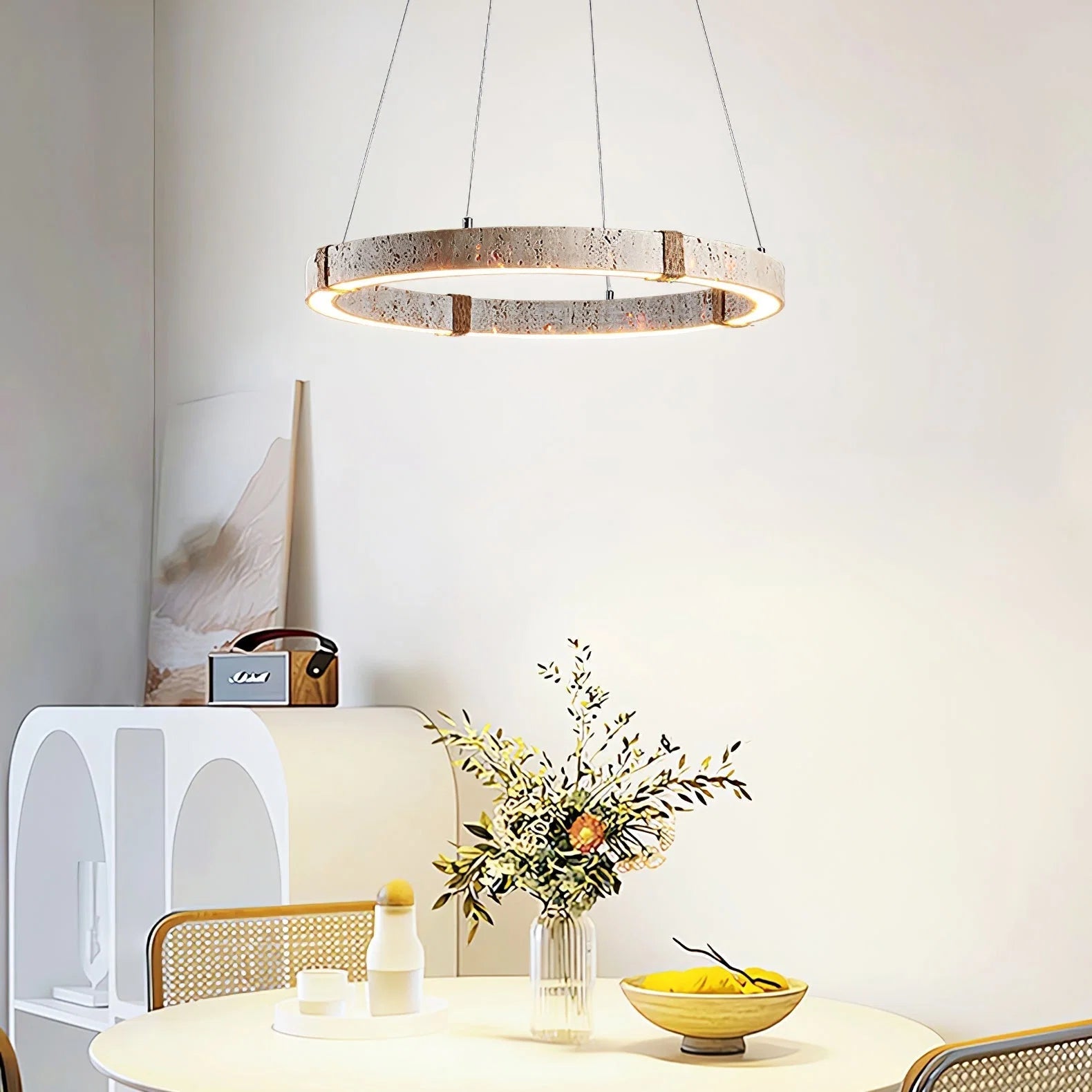 Pendant Light | Minimalist Travertine Ring | Wood Accents & Integrated LED