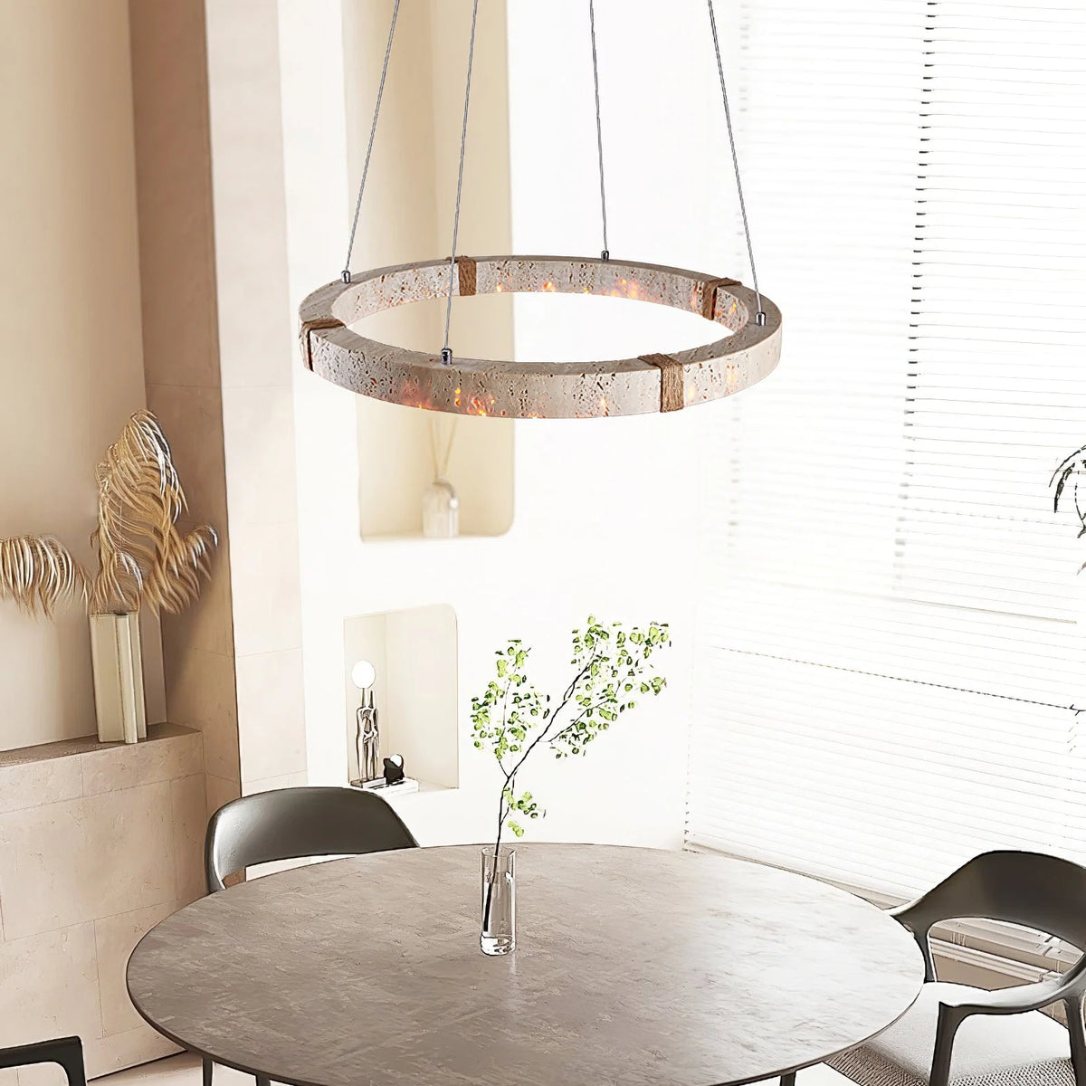 Pendant Light | Minimalist Travertine Ring | Wood Accents & Integrated LED