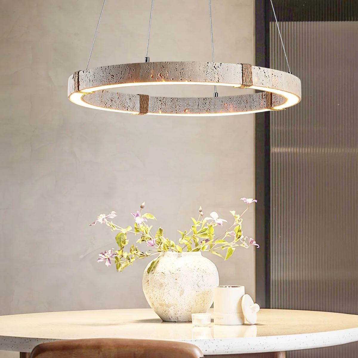 Pendant Light | Minimalist Travertine Ring | Wood Accents & Integrated LED
