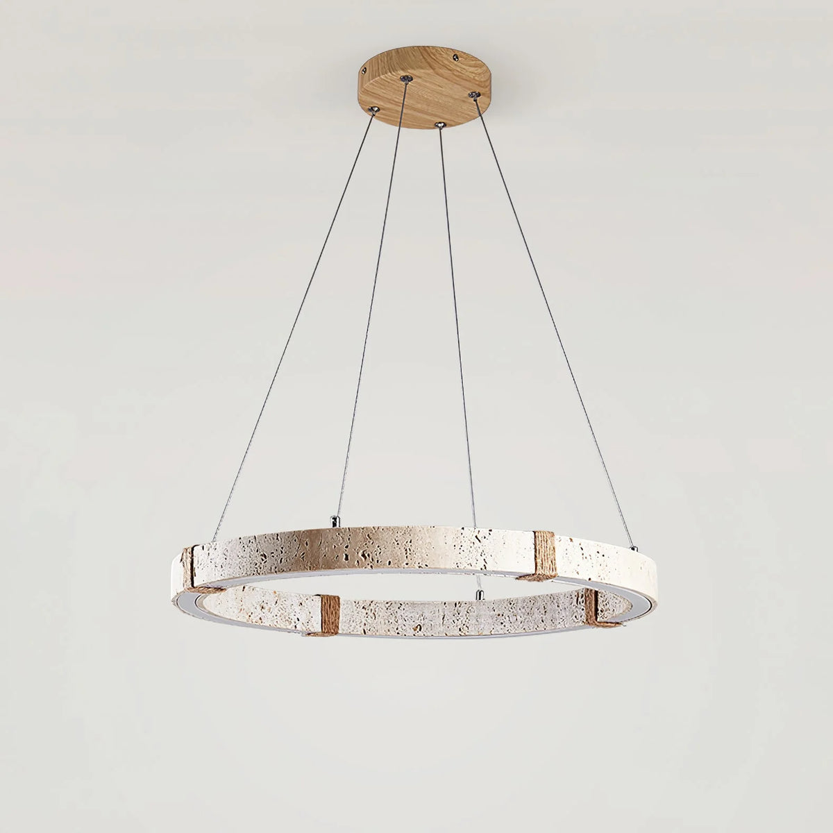 Pendant Light | Minimalist Travertine Ring | Wood Accents & Integrated LED