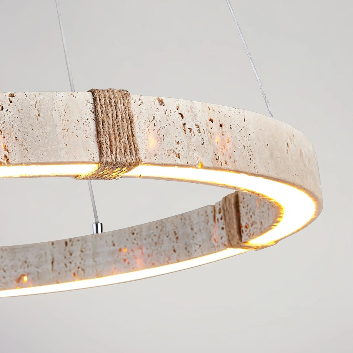 Pendant Light | Minimalist Travertine Ring | Wood Accents & Integrated LED