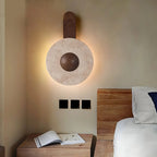 Wall Sconce | Circular Travertine Shade | Solid Wood Base, E27 Base