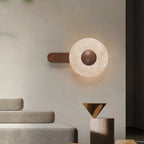 Wall Sconce | Circular Travertine Shade | Solid Wood Base, E27 Base