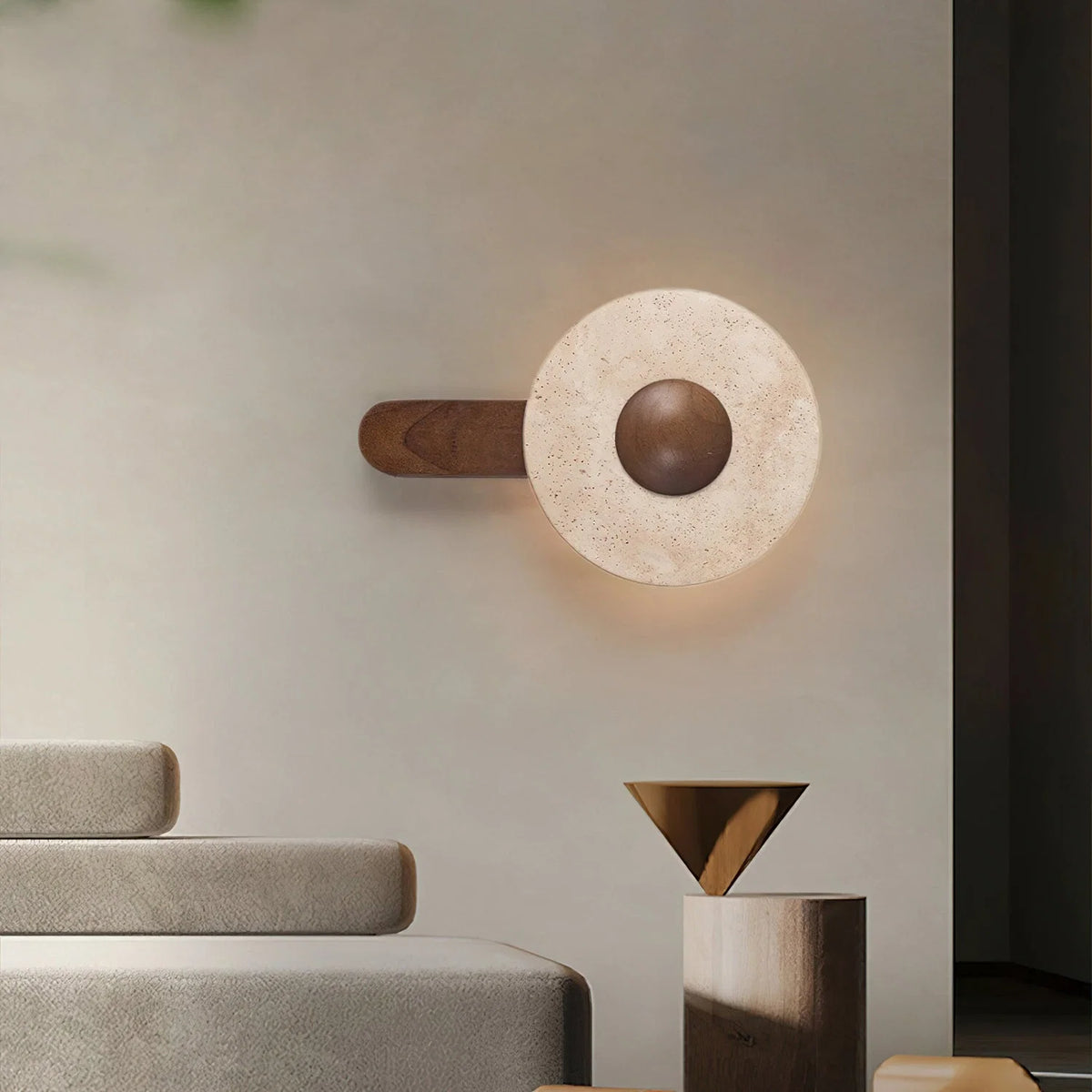 Wall Sconce | Circular Travertine Shade | Solid Wood Base, E27 Base