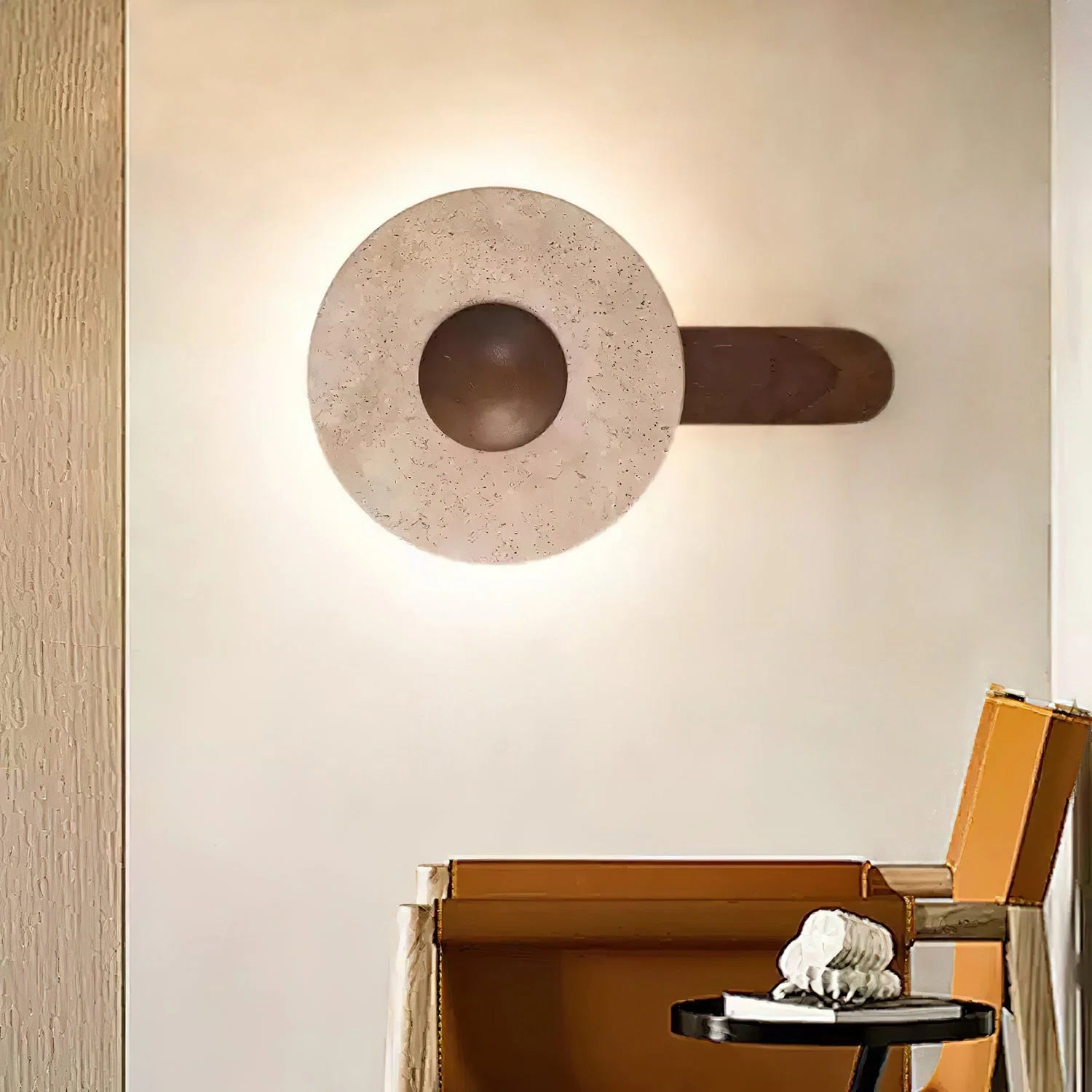 Wall Sconce | Circular Travertine Shade | Solid Wood Base, E27 Base