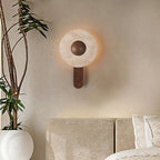 Wall Sconce | Circular Travertine Shade | Solid Wood Base, E27 Base