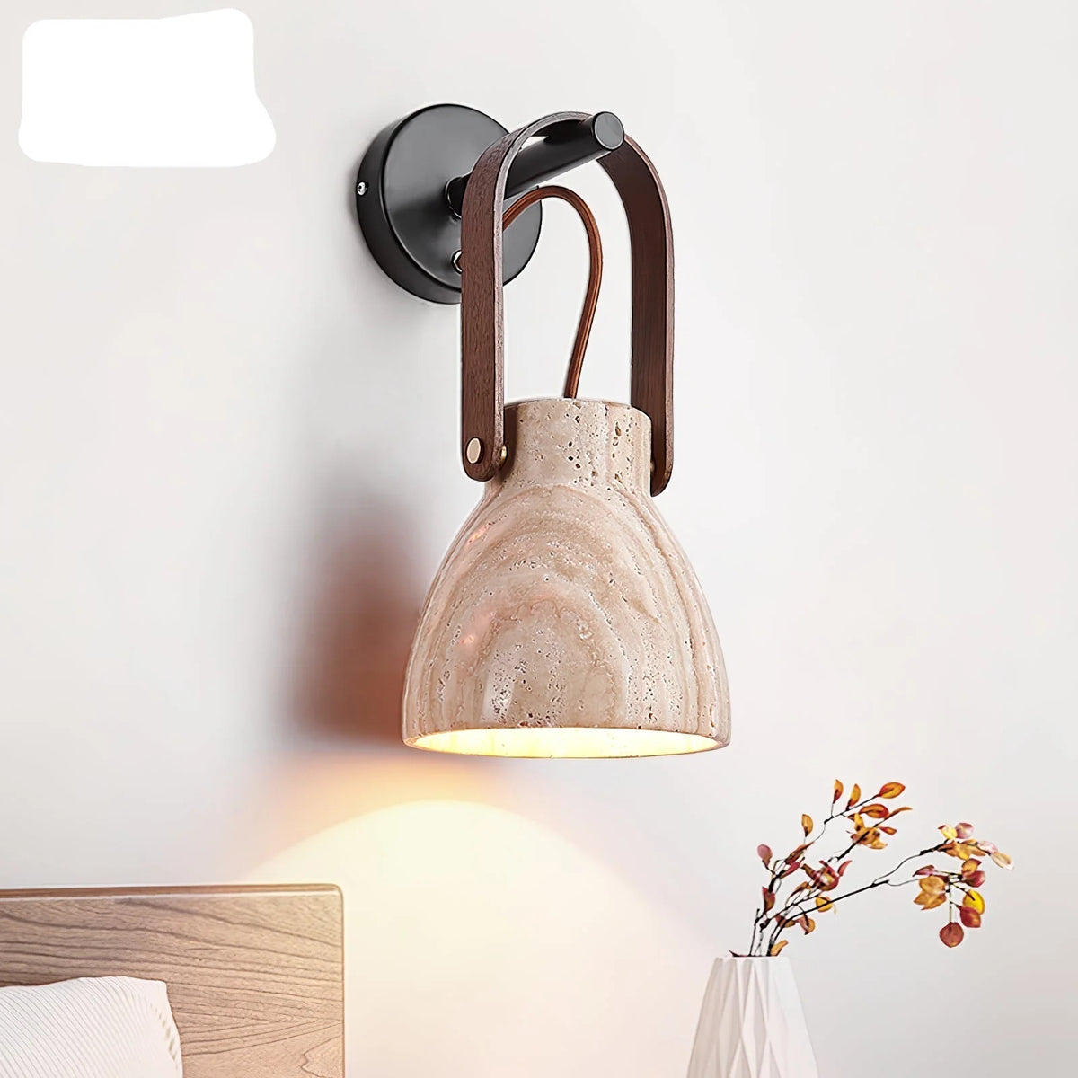 Wall Sconce | Textured Travertine Shade & Wood Handle | 16 x 30 cm