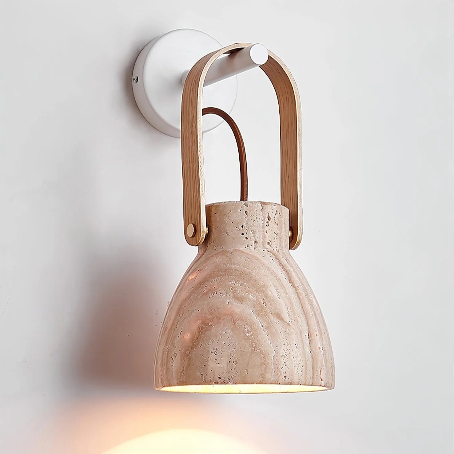 Wall Sconce | Textured Travertine Shade & Wood Handle | 16 x 30 cm