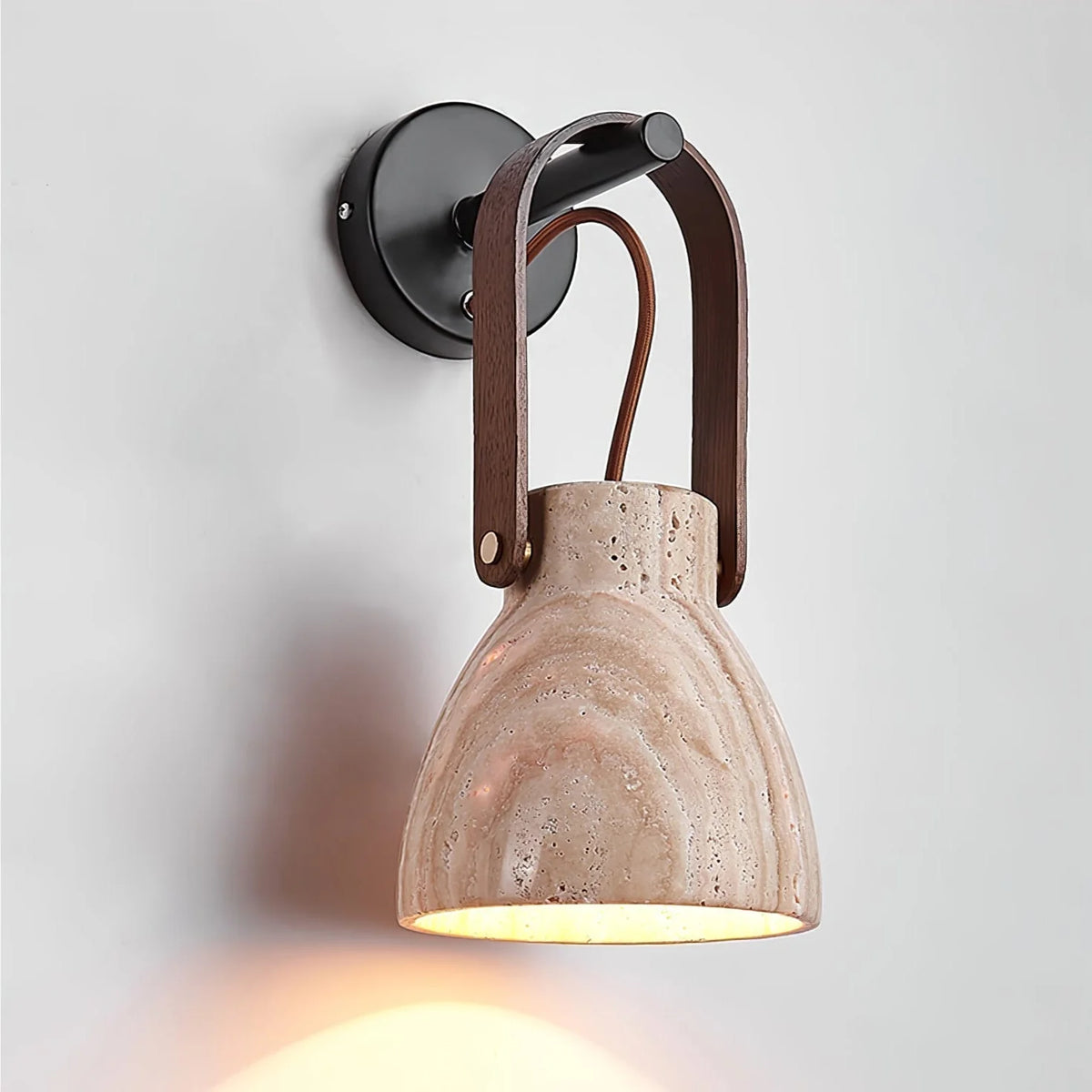 Wall Sconce | Textured Travertine Shade & Wood Handle | 16 x 30 cm