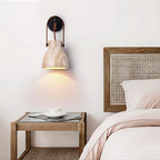 Wall Sconce | Textured Travertine Shade & Wood Handle | 16 x 30 cm