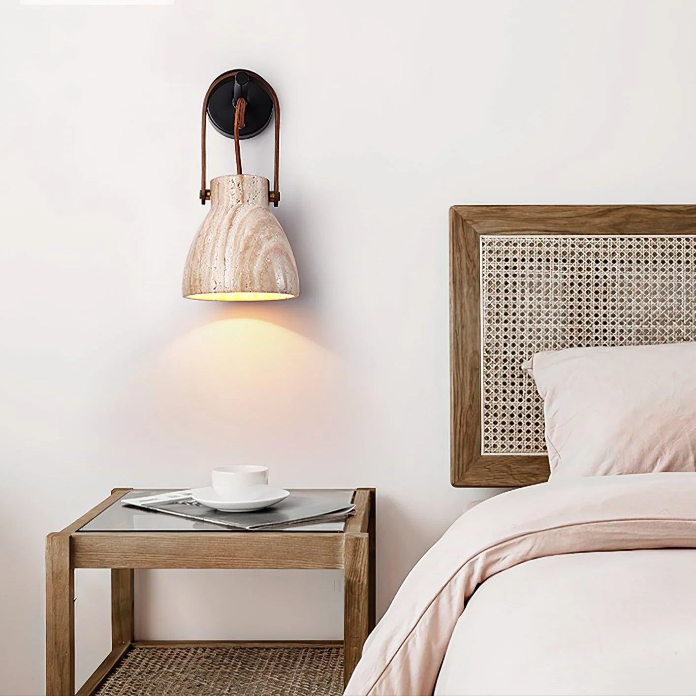 Wall Sconce | Textured Travertine Shade & Wood Handle | 16 x 30 cm