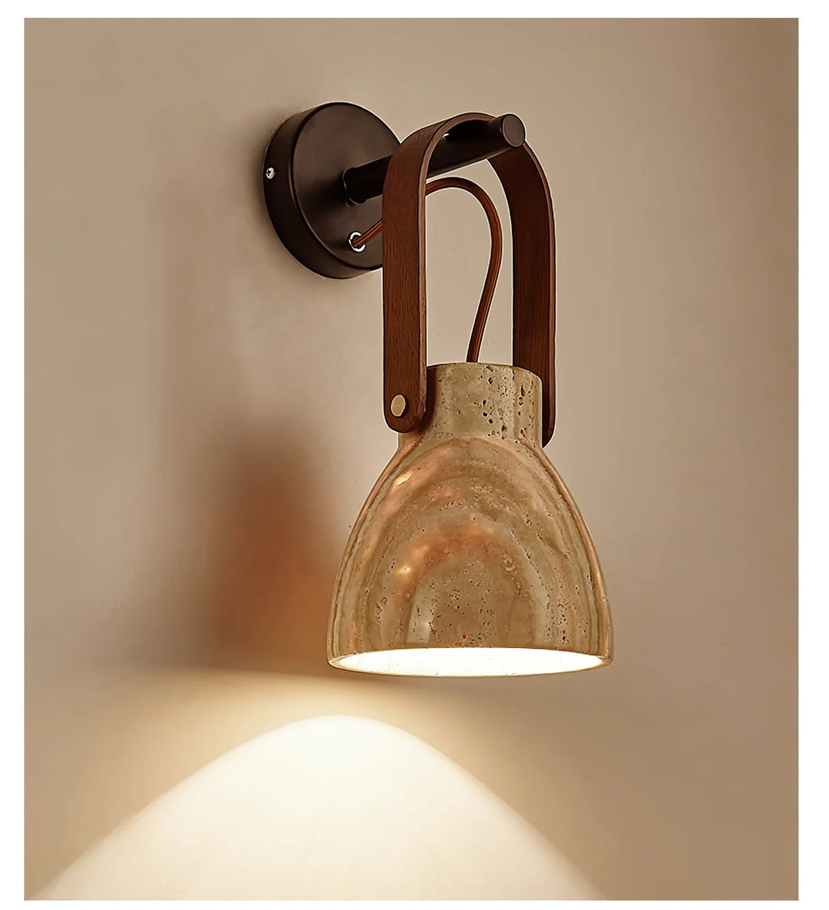 Wall Sconce | Textured Travertine Shade & Wood Handle | 16 x 30 cm