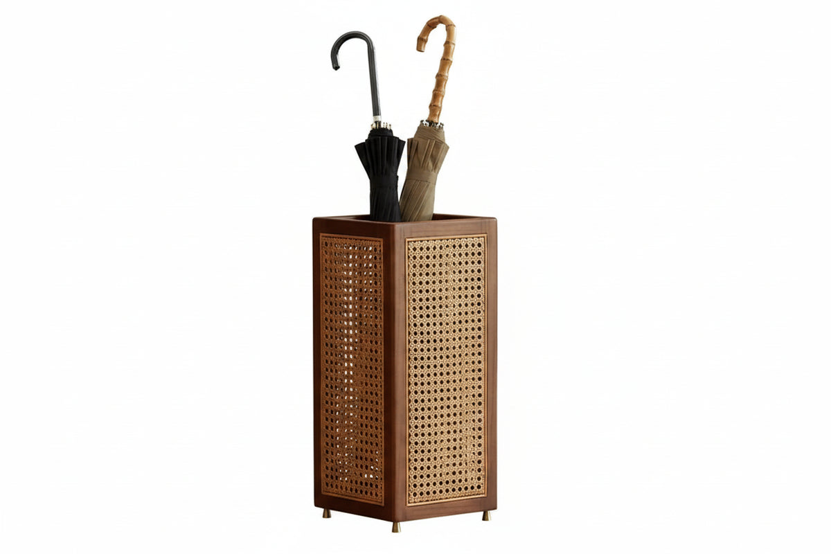 Umbrella Stand | Woven Rattan & Solid Wood | 20 In Height