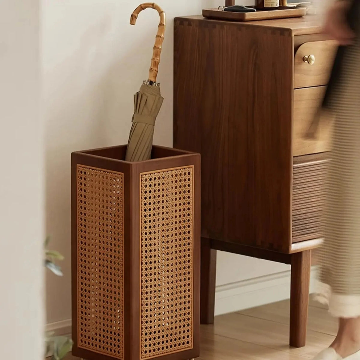 Umbrella Stand | Woven Rattan & Solid Wood | 20 In Height