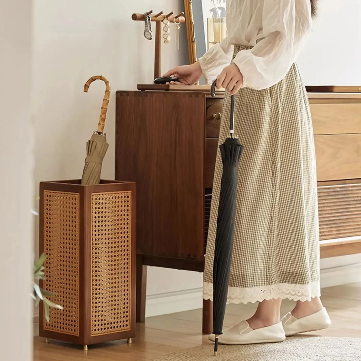 Umbrella Stand | Woven Rattan & Solid Wood | 20 In Height