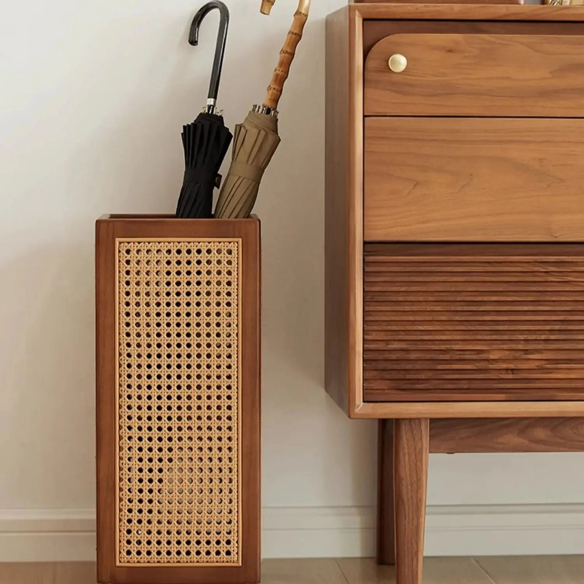Umbrella Stand | Woven Rattan & Solid Wood | 20 In Height