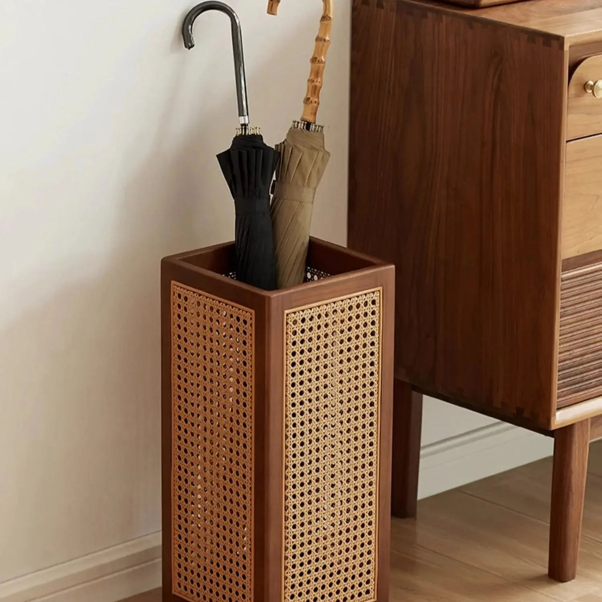 Umbrella Stand | Woven Rattan & Solid Wood | 20 In Height