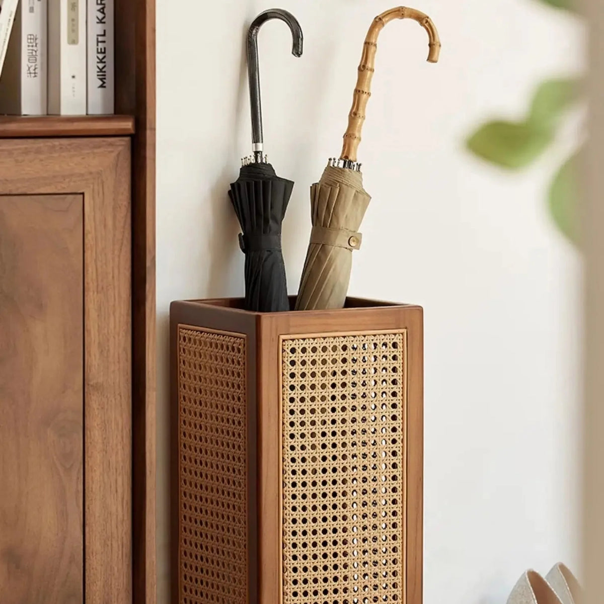 Umbrella Stand | Woven Rattan & Solid Wood | 20 In Height