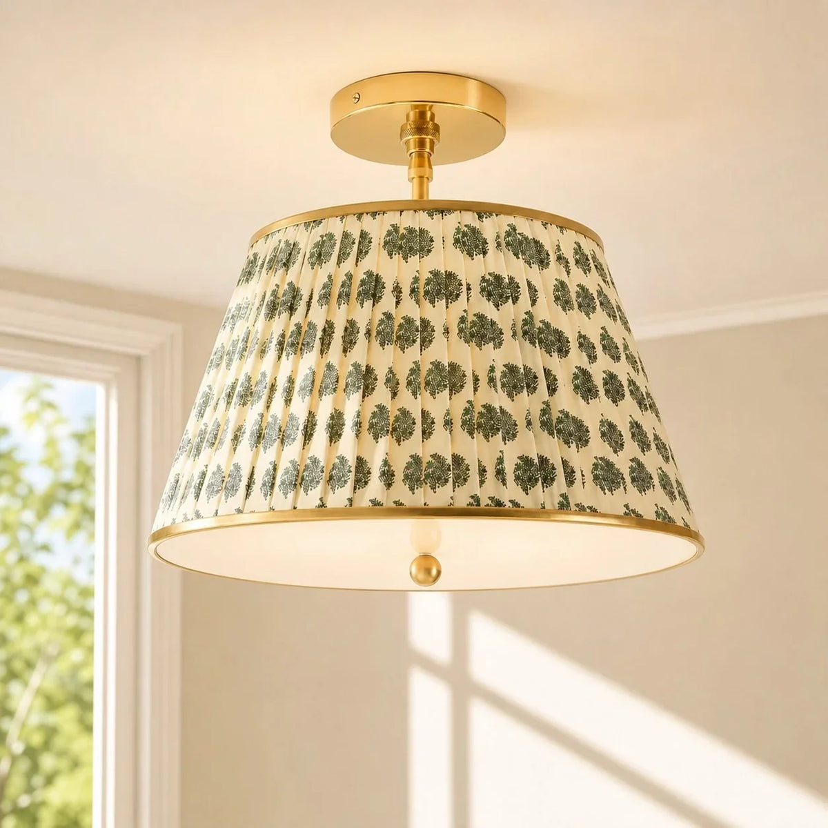 Ursula Vintage Country Brass Printed Pleated Ceiling Lamp