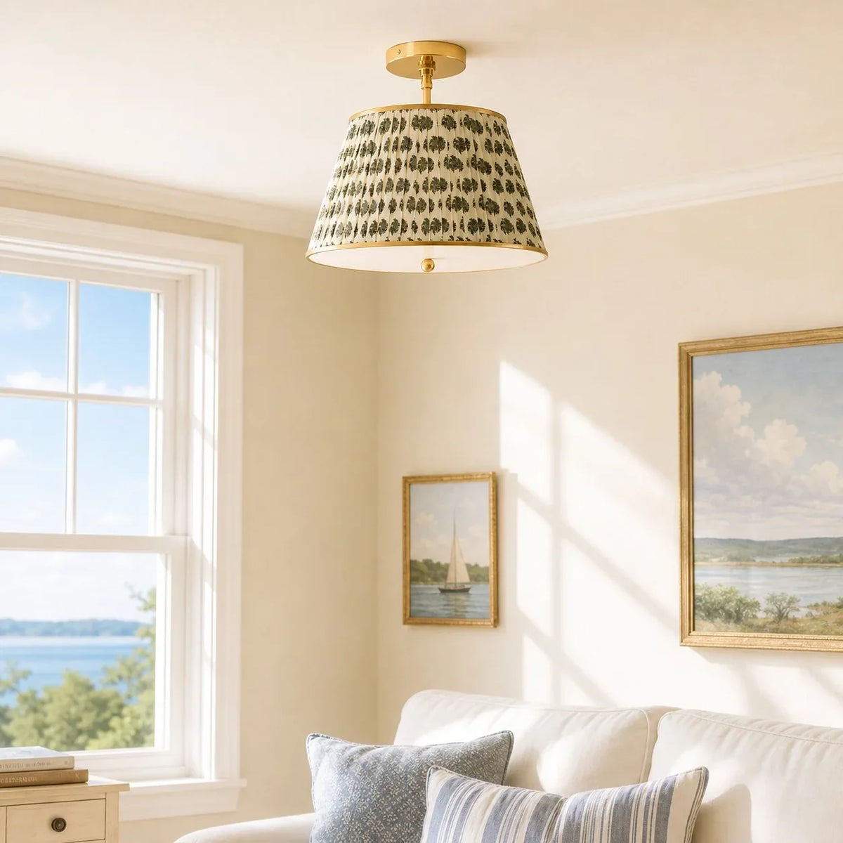 Ursula Vintage Country Brass Printed Pleated Ceiling Lamp