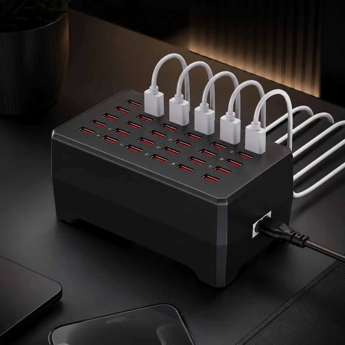 USB Charging Station | 30-Port Smart Cooling & Anti-Slip