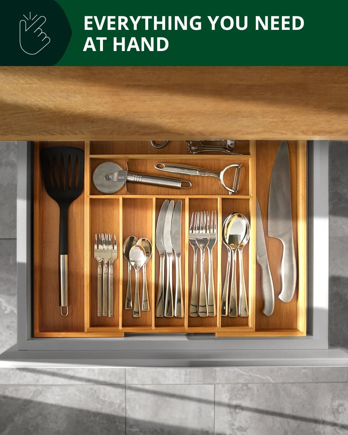 Utensil Drawer Organizer | Expandable Bamboo | 9 Compartments