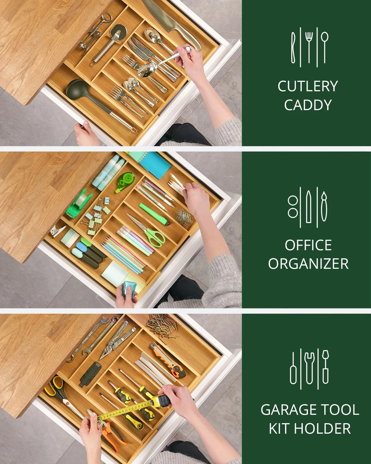 Utensil Drawer Organizer | Expandable Bamboo | 9 Compartments