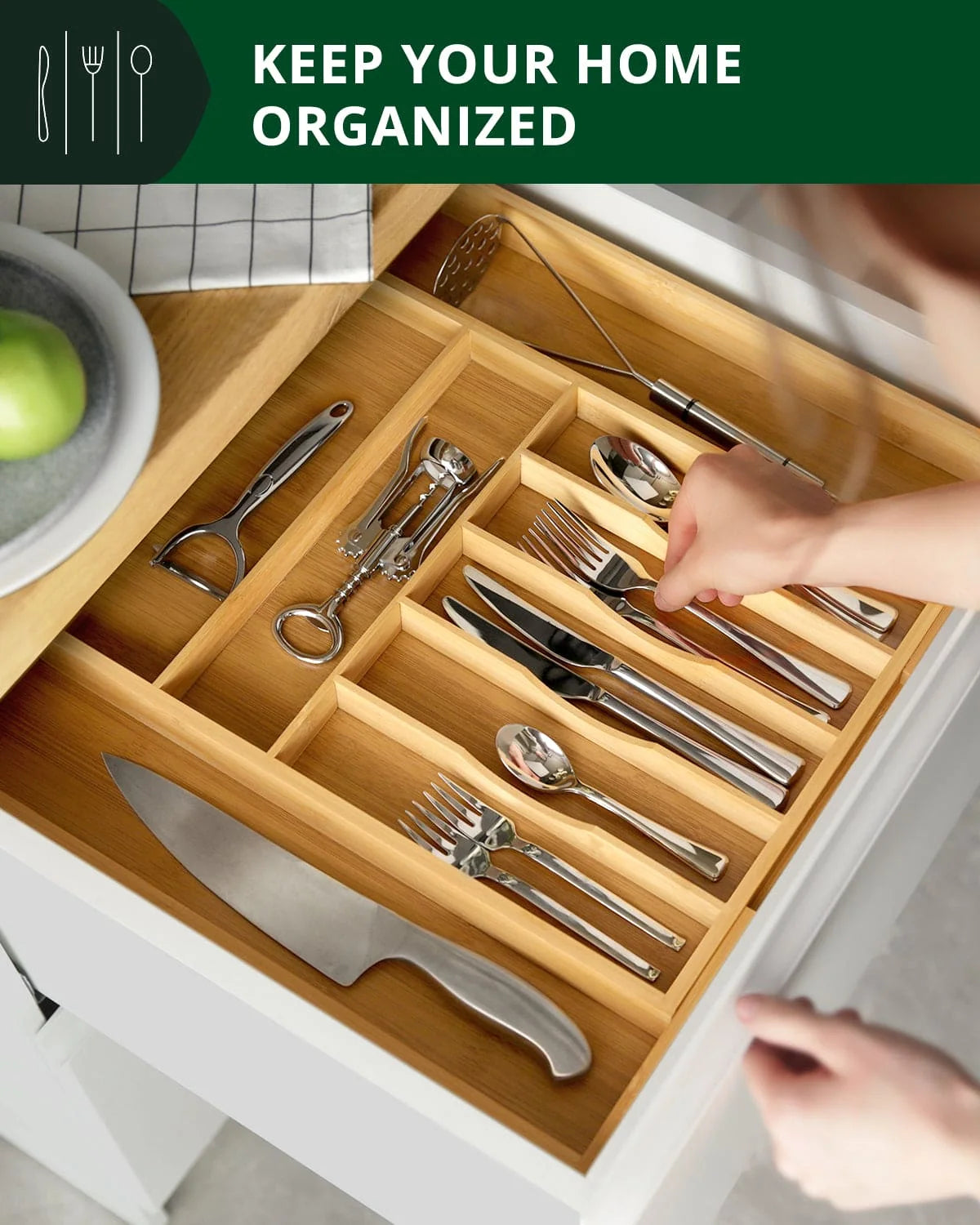 Utensil Drawer Organizer | Expandable Bamboo | 9 Compartments